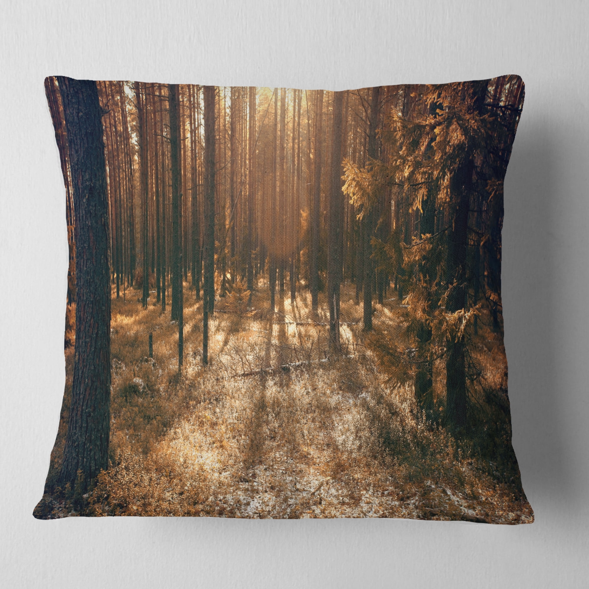 Designart Dark First Snow Forest Photo - Modern Forest Throw Pillow - 16x16