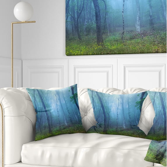 Designart Dark Foggy Forest Trees - Landscape Photography Throw Pillow - 18x18