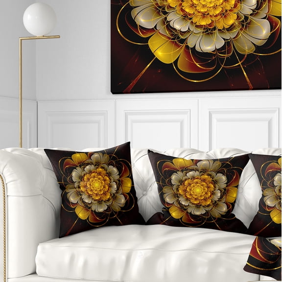Designart Dark Gold Fractal Flower - Abstract Throw Pillow - 18x18