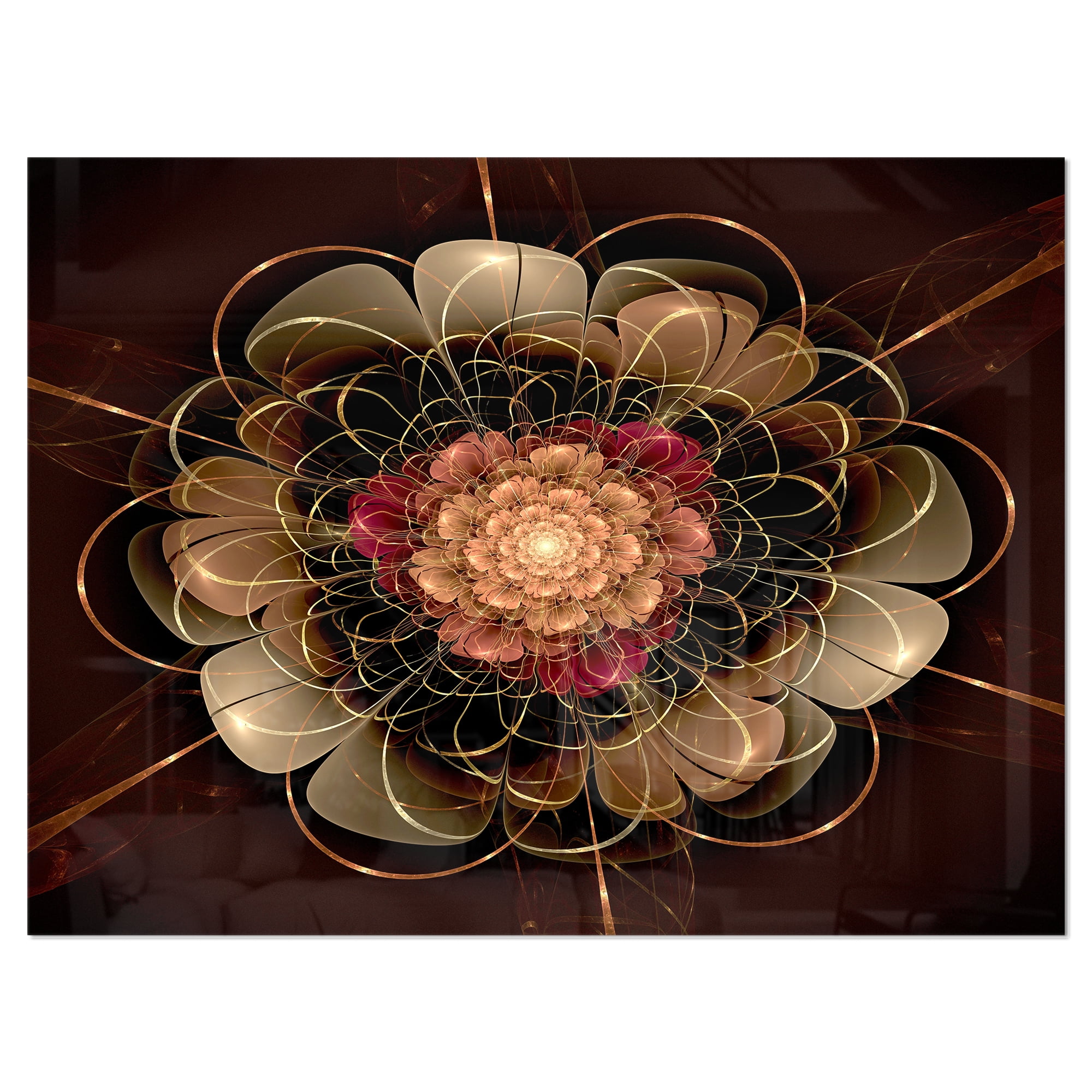 Designart 'Dark Gold Red Fractal Flower Pattern ' Extra Large Floral Wall Art