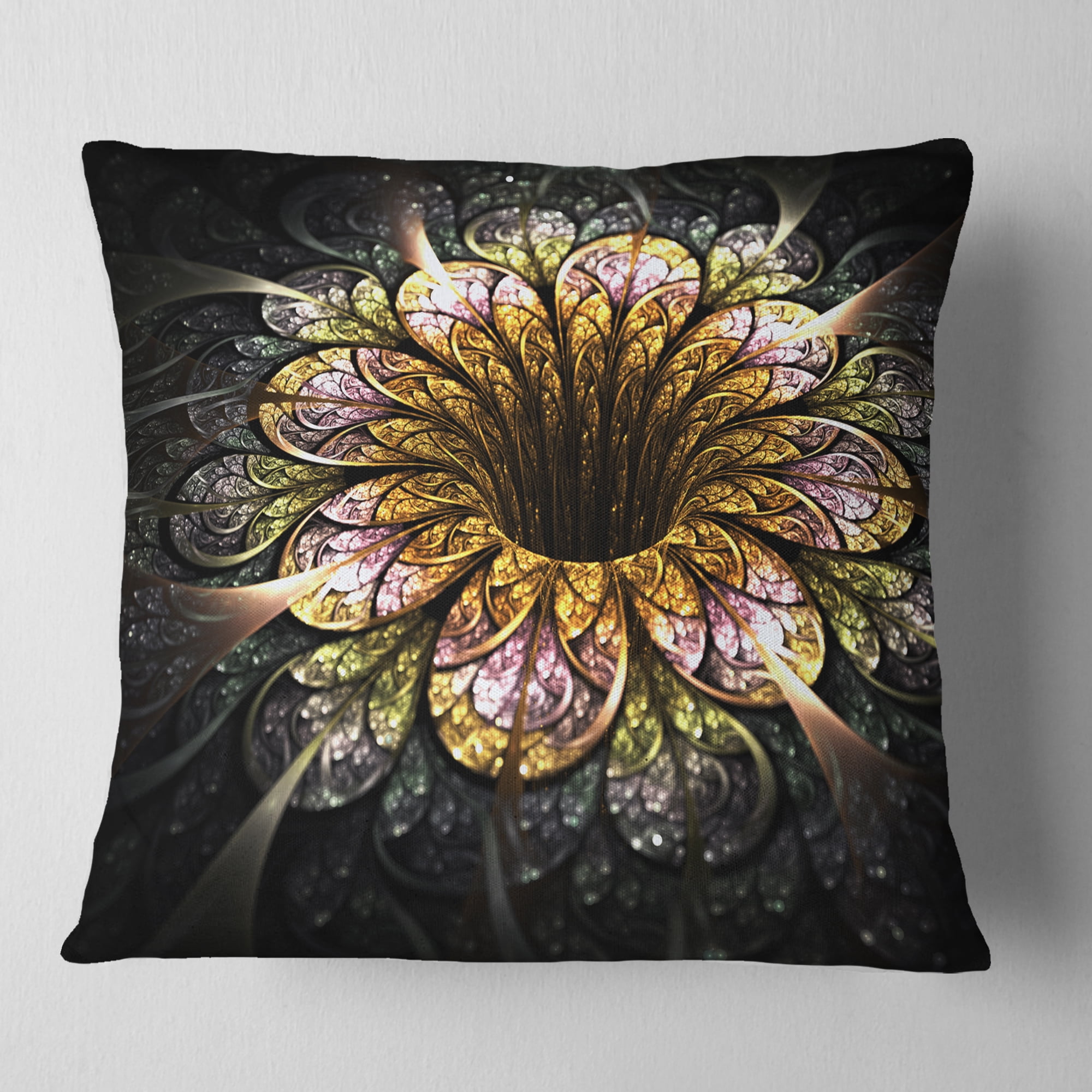 Designart Dark Golden Fractal Flower Digital Art - Floral Throw Pillow - 18x18