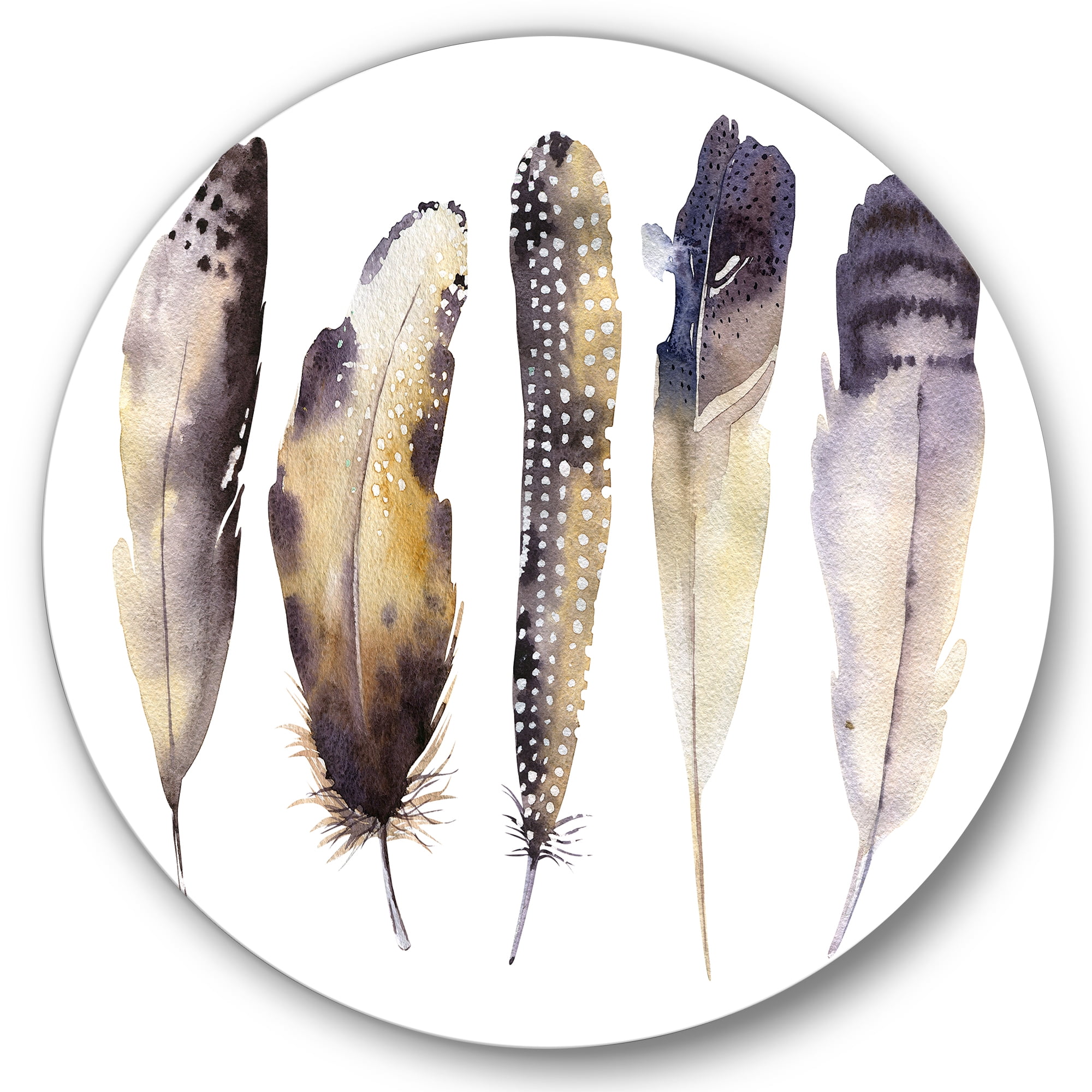 Designart 'Dark Gray Feathers Boho Ethnic I' Bohemian & Eclectic Circle Metal Wall Art 11x11 - Disc of 11
