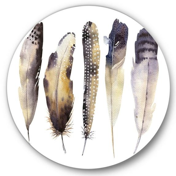 Designart 'Dark Gray Feathers Boho Ethnic I' Bohemian & Eclectic Circle Metal Wall Art 29x29 - Disc of 29