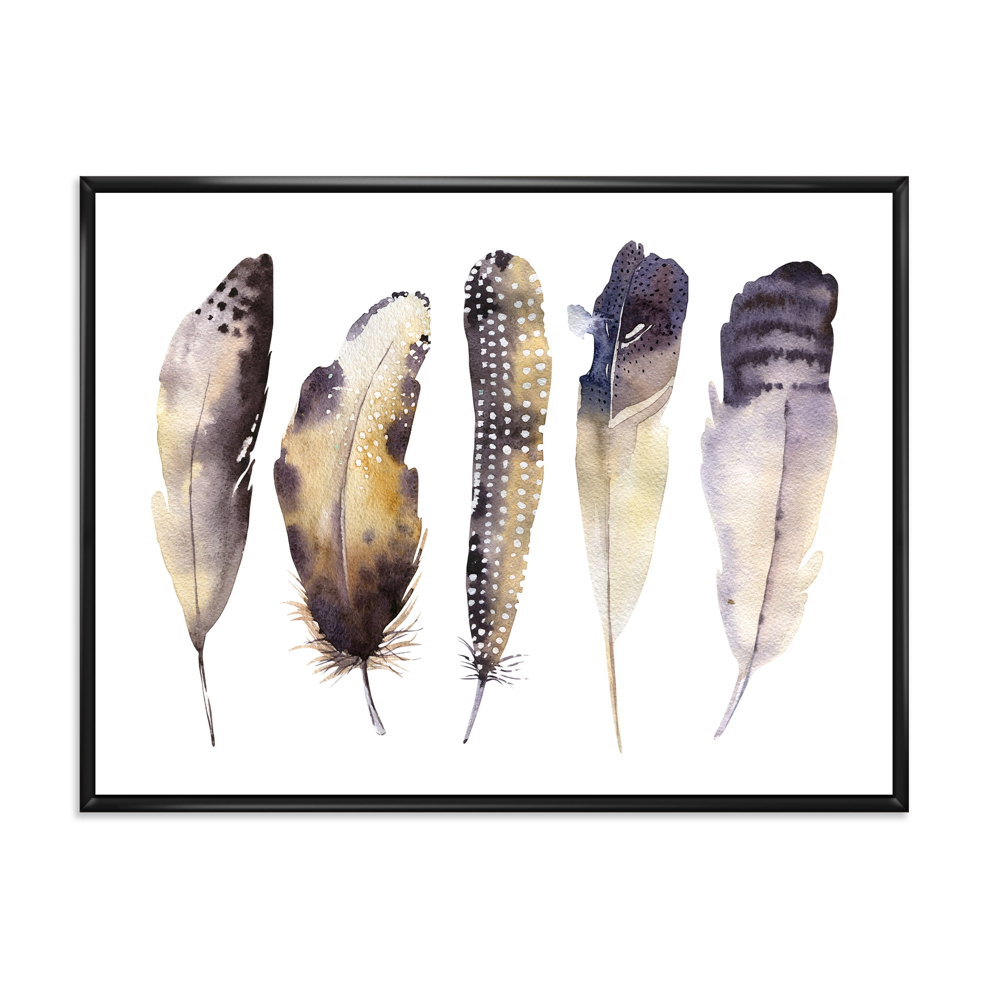 Designart 'Dark Gray Feathers Boho Ethnic I' Bohemian & Eclectic Framed Canvas Wall Art Print