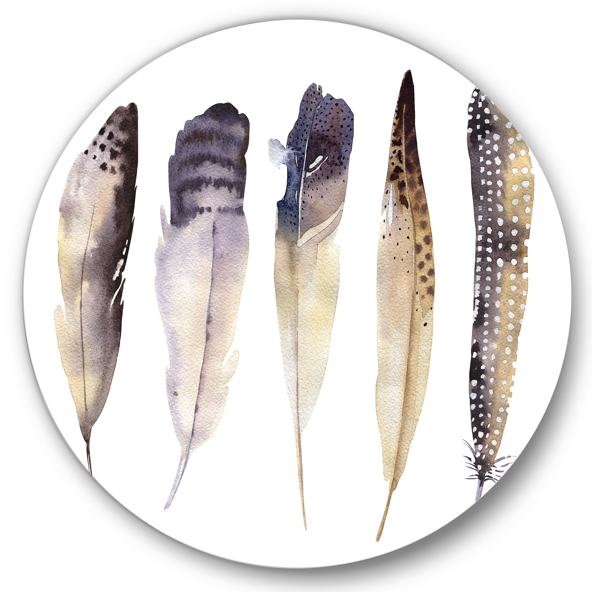 Designart 'Dark Gray Feathers Boho Ethnic II' Bohemian & Eclectic Circle Metal Wall Art 23x23 - Disc of 23