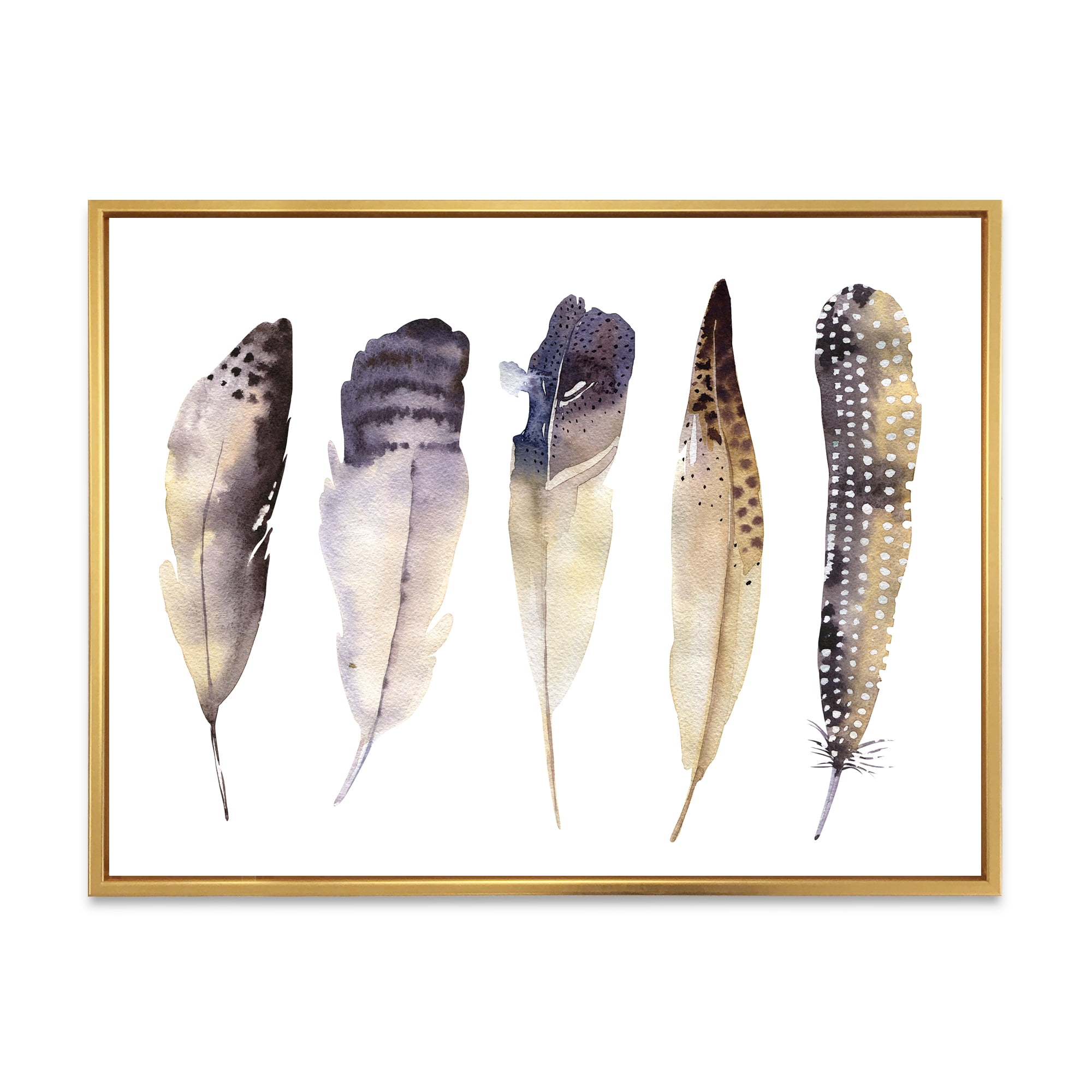 Designart 'Dark Gray Feathers Boho Ethnic II' Bohemian & Eclectic Framed Canvas Wall Art Print