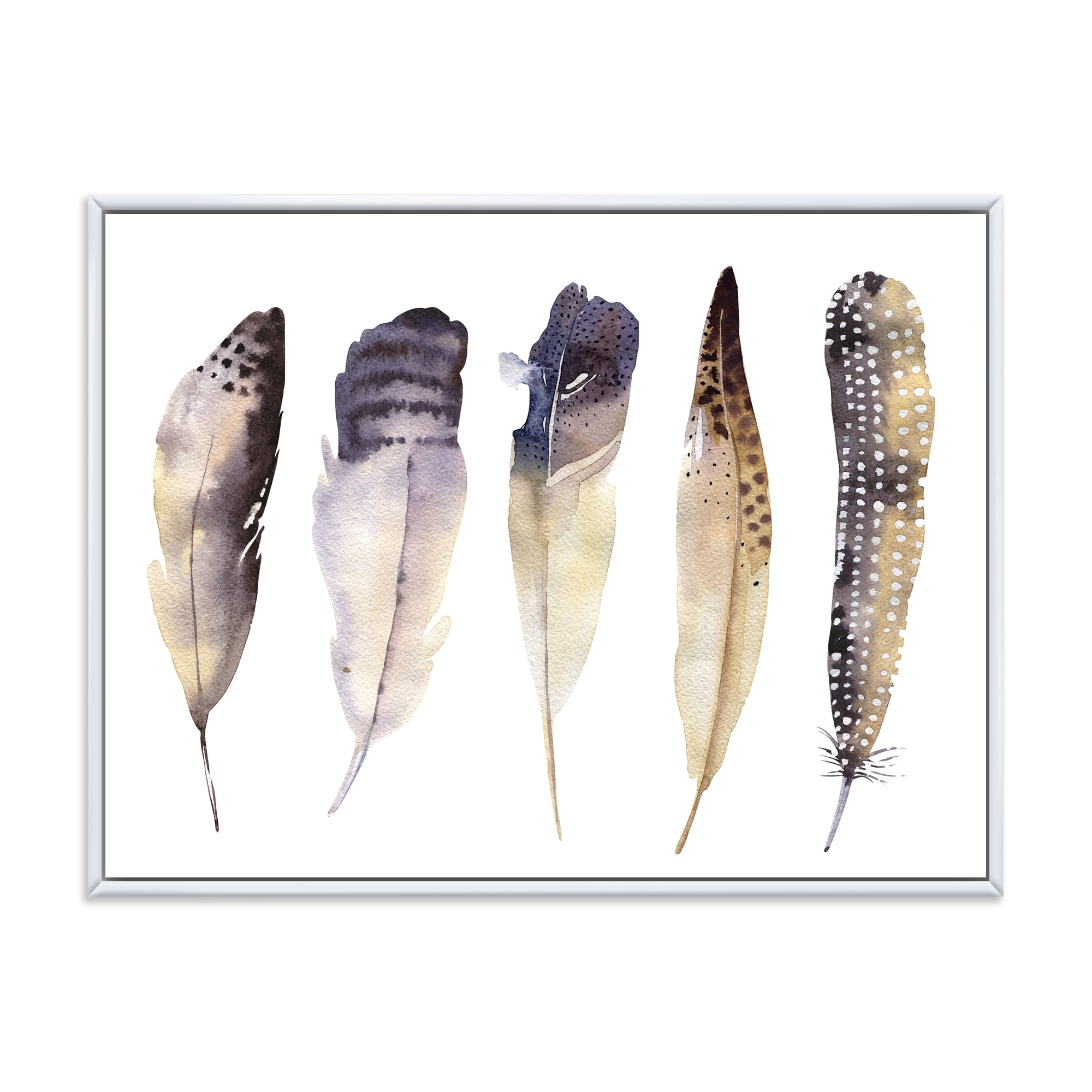 Designart 'Dark Gray Feathers Boho Ethnic II' Bohemian & Eclectic Framed Canvas Wall Art Print