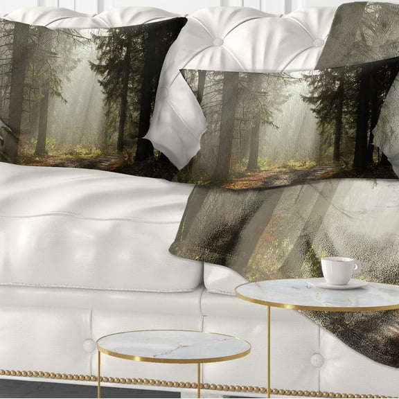 Designart Dark Green Forest with Sun Rays - Landscape Photography Throw Pillow - 12x20