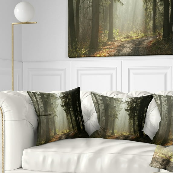 Designart Dark Green Forest with Sun Rays - Landscape Photography Throw Pillow - 16x16