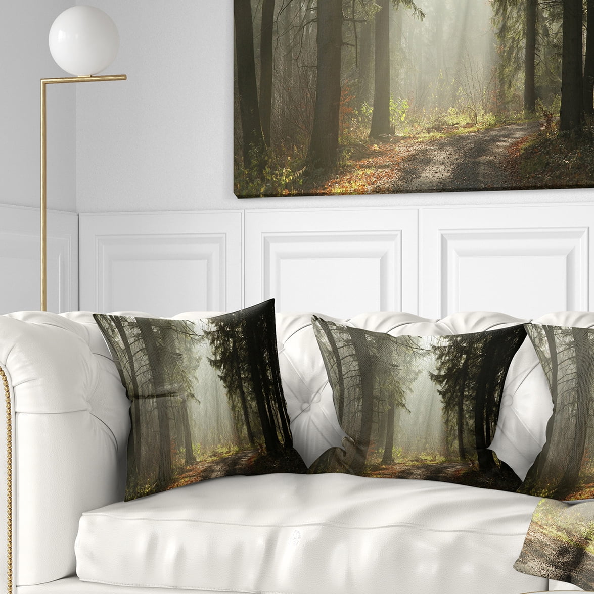 Designart Dark Green Forest with Sun Rays - Landscape Photography Throw Pillow - 18x18