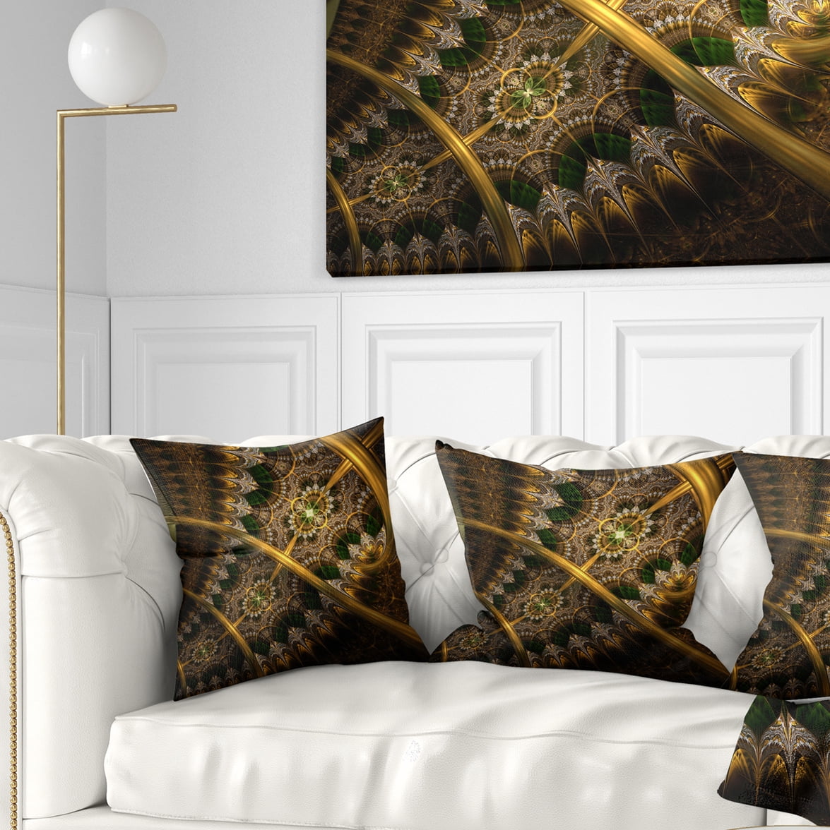 Designart Dark Green Gold Fractal Flower - Abstract Throw Pillow - 18x18