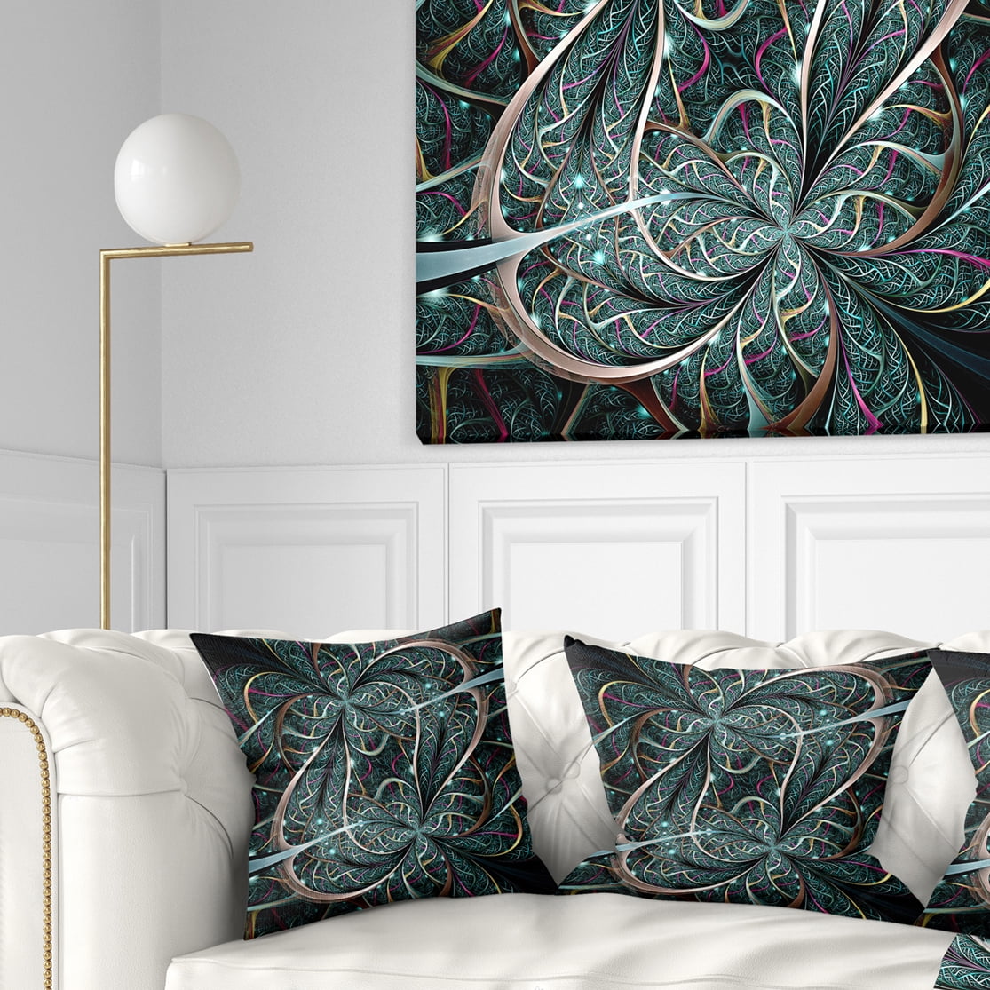 Designart Dark Green Purple Digital Art Fractal Flower - Floral Throw Pillow - 16x16