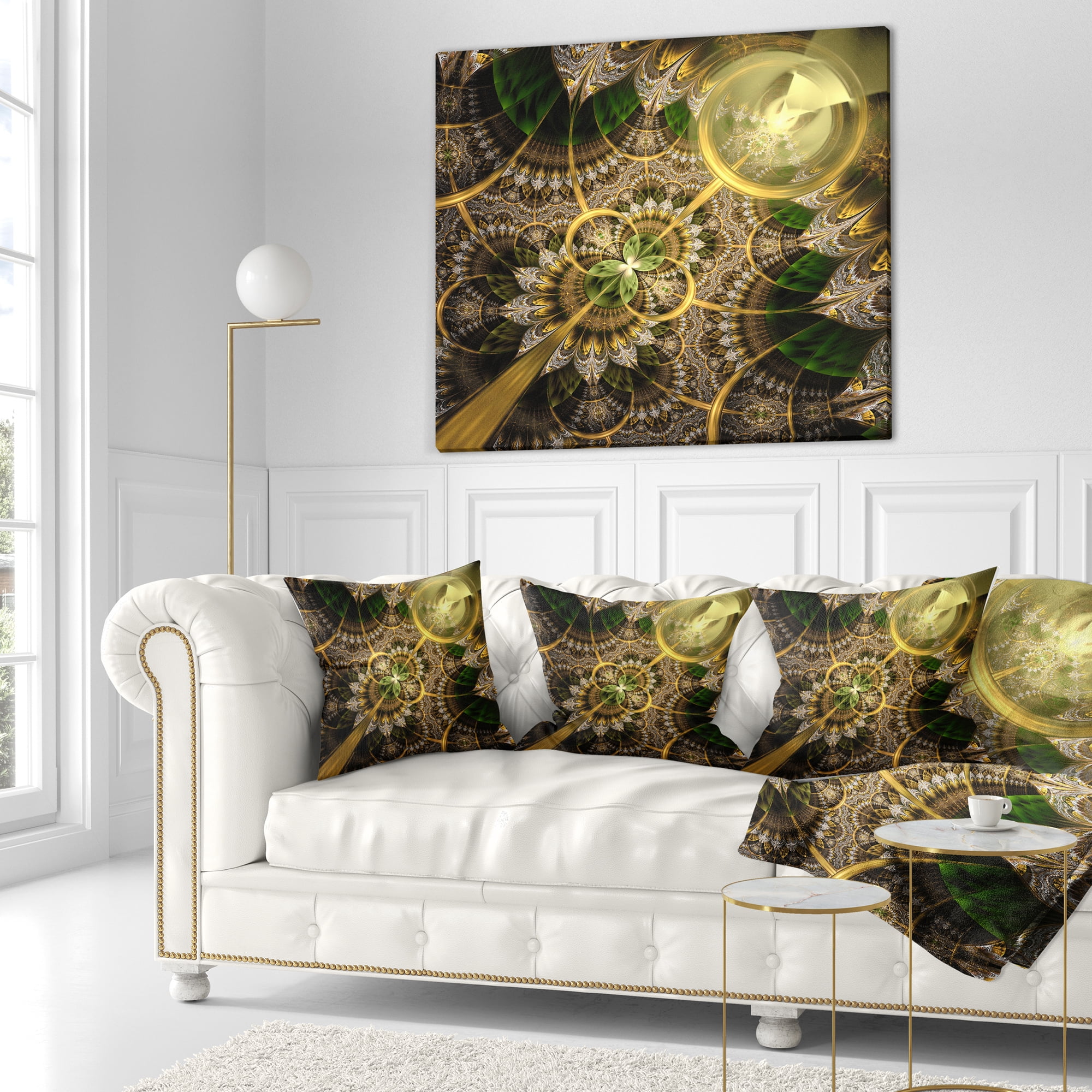 Designart Dark Green and Gold Fractal Flower - Floral Throw Pillow - 18x18