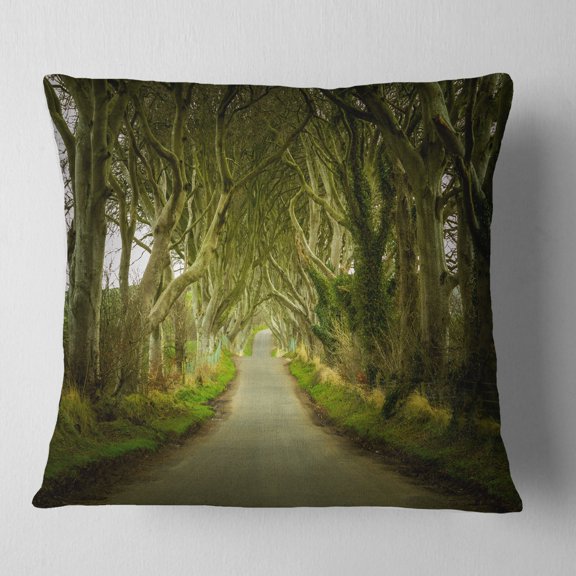 Designart Dark Hedges Road through Old Trees - Landscape Printed Throw Pillow - 18x18