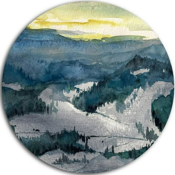 Designart 'Dark Mountains Watercolor' Landscape Painting Circle Metal Wall Art