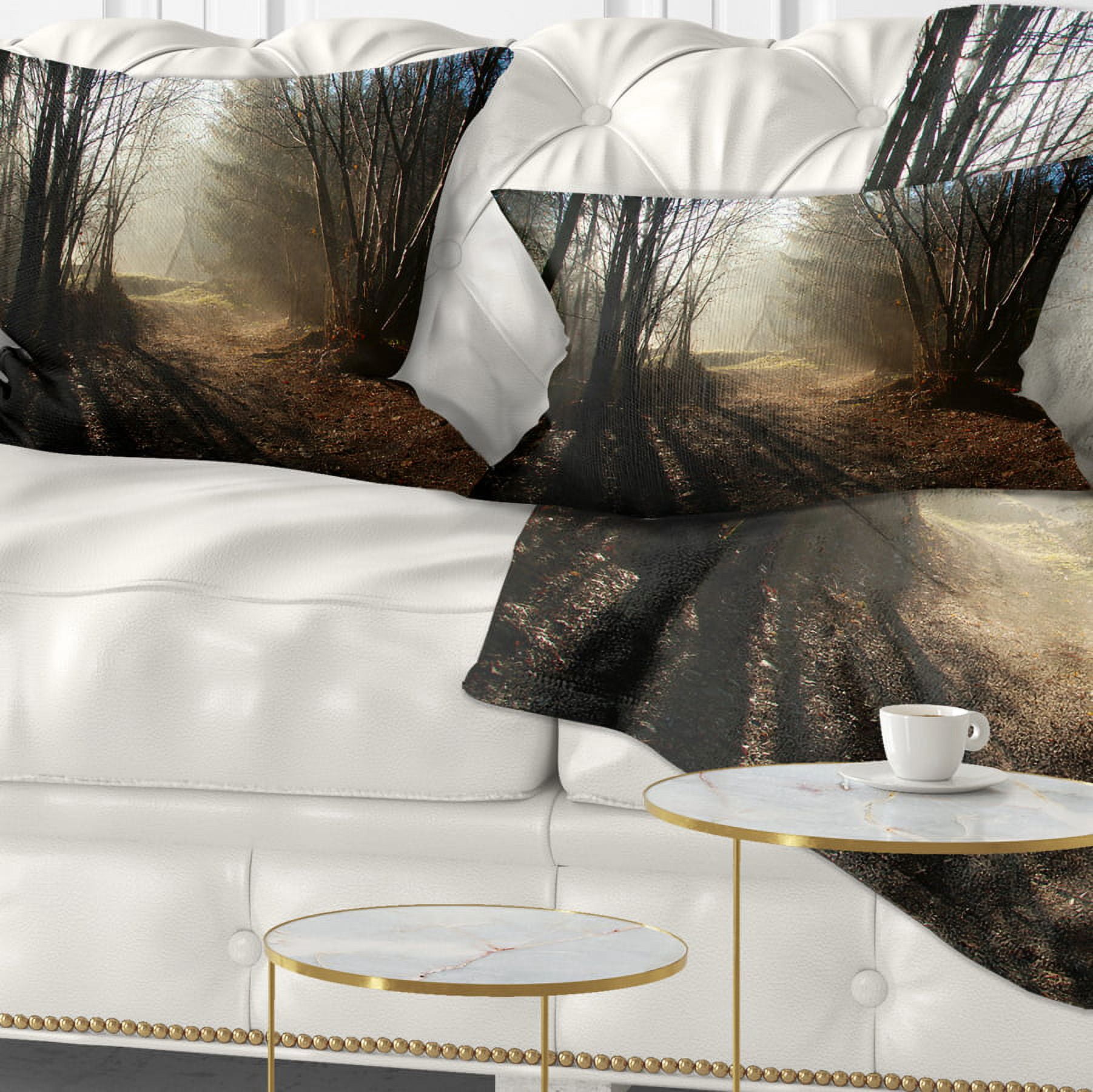 Designart Dark Path in Fall Foggy Forest - Landscape Photography Throw Pillow - 12x20