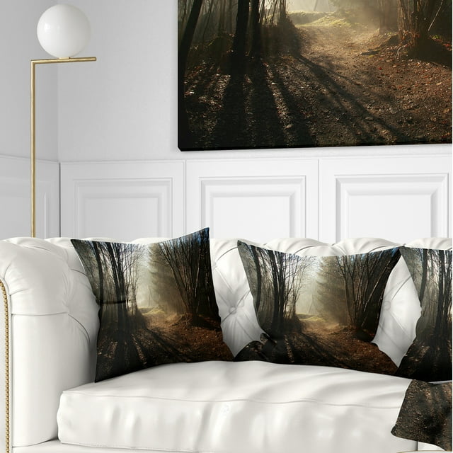 Designart Dark Path in Fall Foggy Forest - Landscape Photography Throw Pillow - 16x16