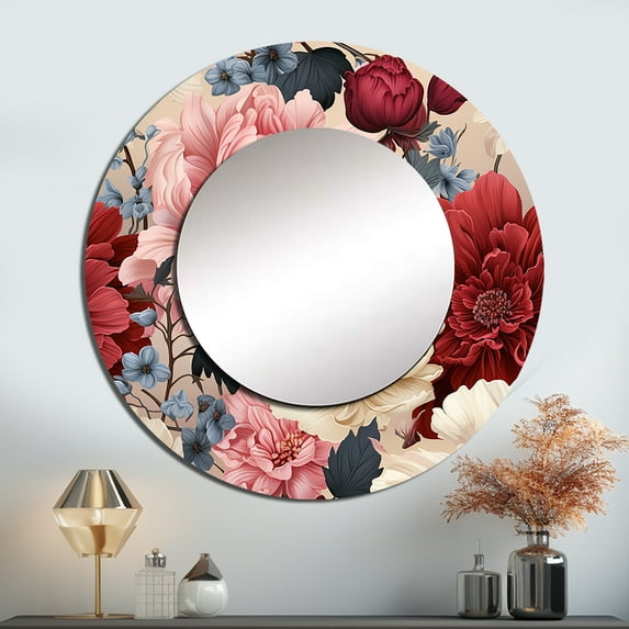 Designart "Dark Pink Peony Renaissance II" Floral Multicolor Large Round Mirror - Round Bedroom Mirror Wall Decor - Cottage Round Printed Mirror - 23" x 23"