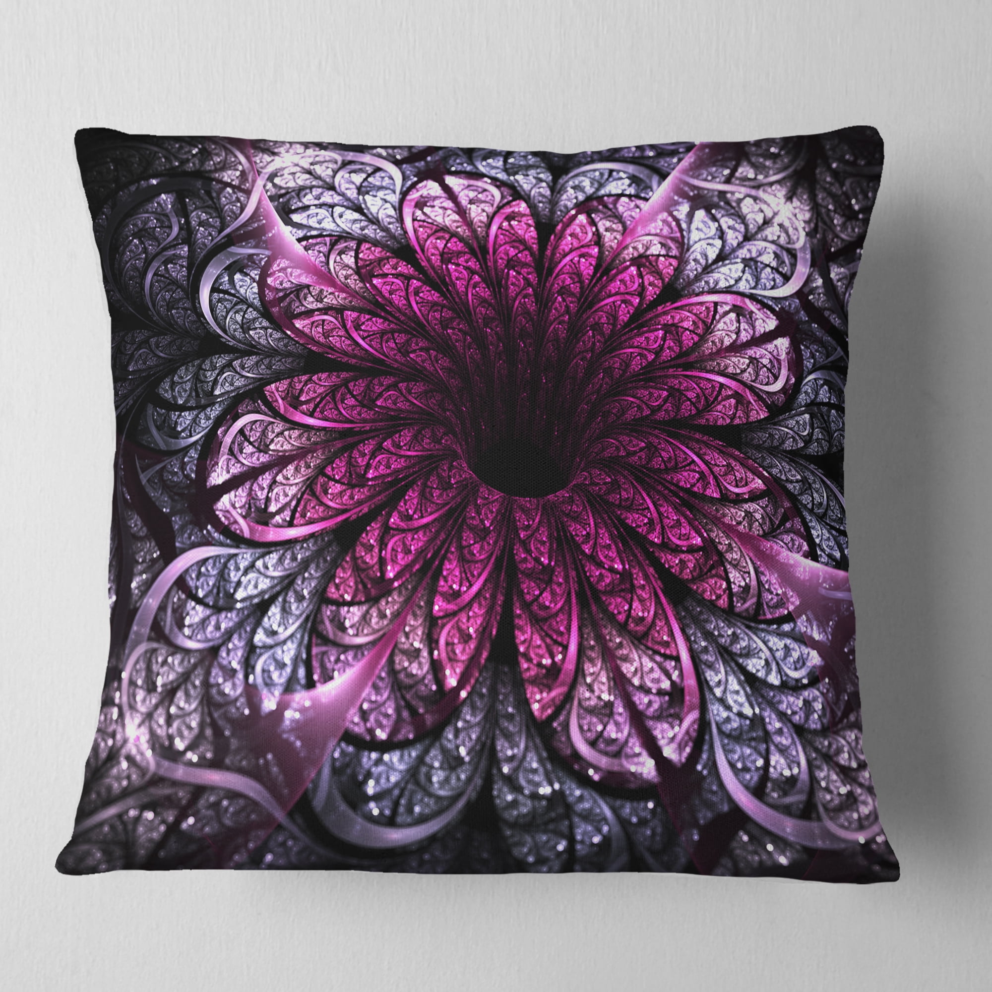 Designart Dark Purple Fractal Flower Digital Art - Floral Throw Pillow - 18x18