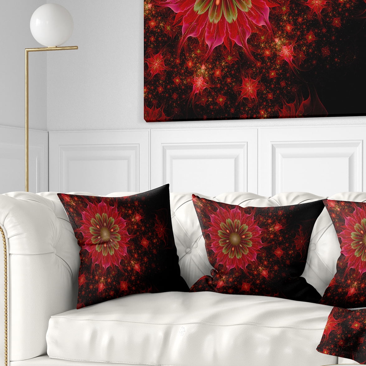 Designart Dark Red and Light Green Fractal Flowers - Abstract Throw Pillow - 16x16