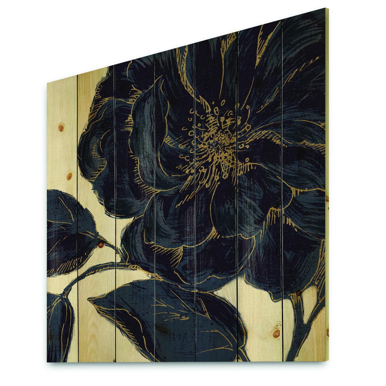 Designart 'Dark Rose Gilded Gold' Floral Print on Natural Pine Wood