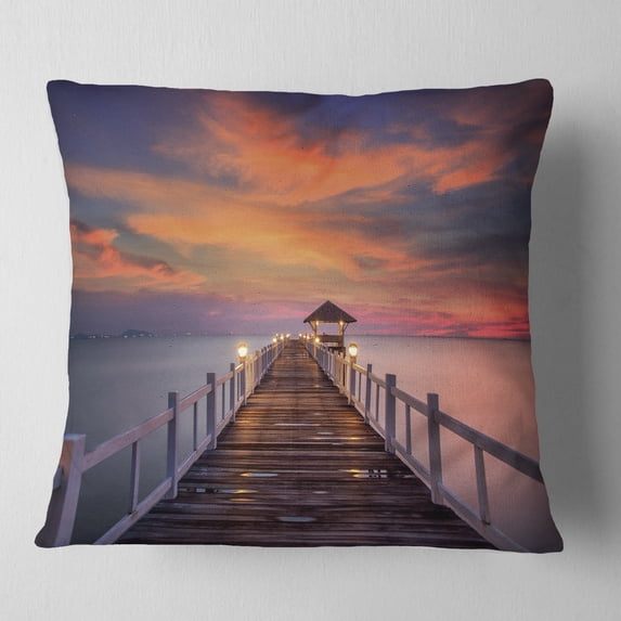 Designart Dark Seashore Pier under Colorful Sky - Pier Seascape Throw Pillow - 18x18