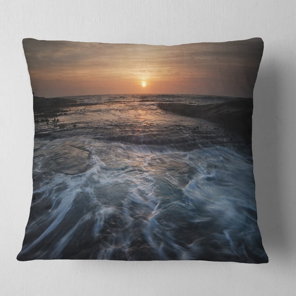 Designart Dark Seashore with Rushing Waves - Modern Beach Throw Pillow - 16x16