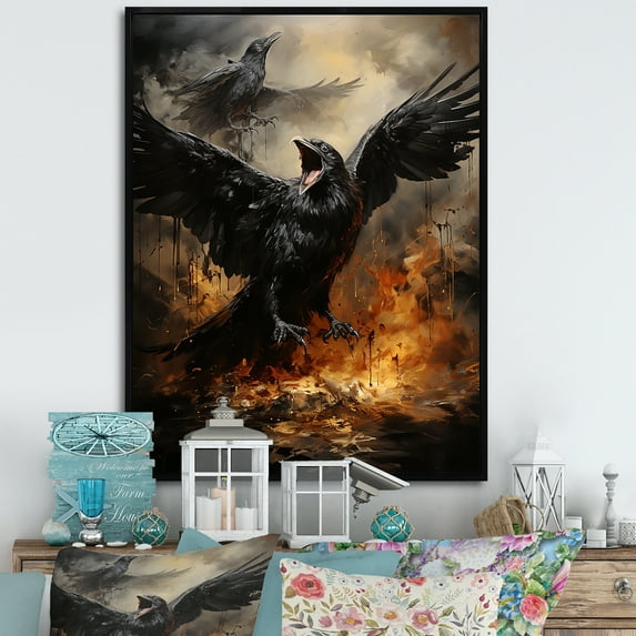 Designart "Dark Shadows Bring Mysterious Mood I" Animals Bird Floater Framed Canvas Wall Art