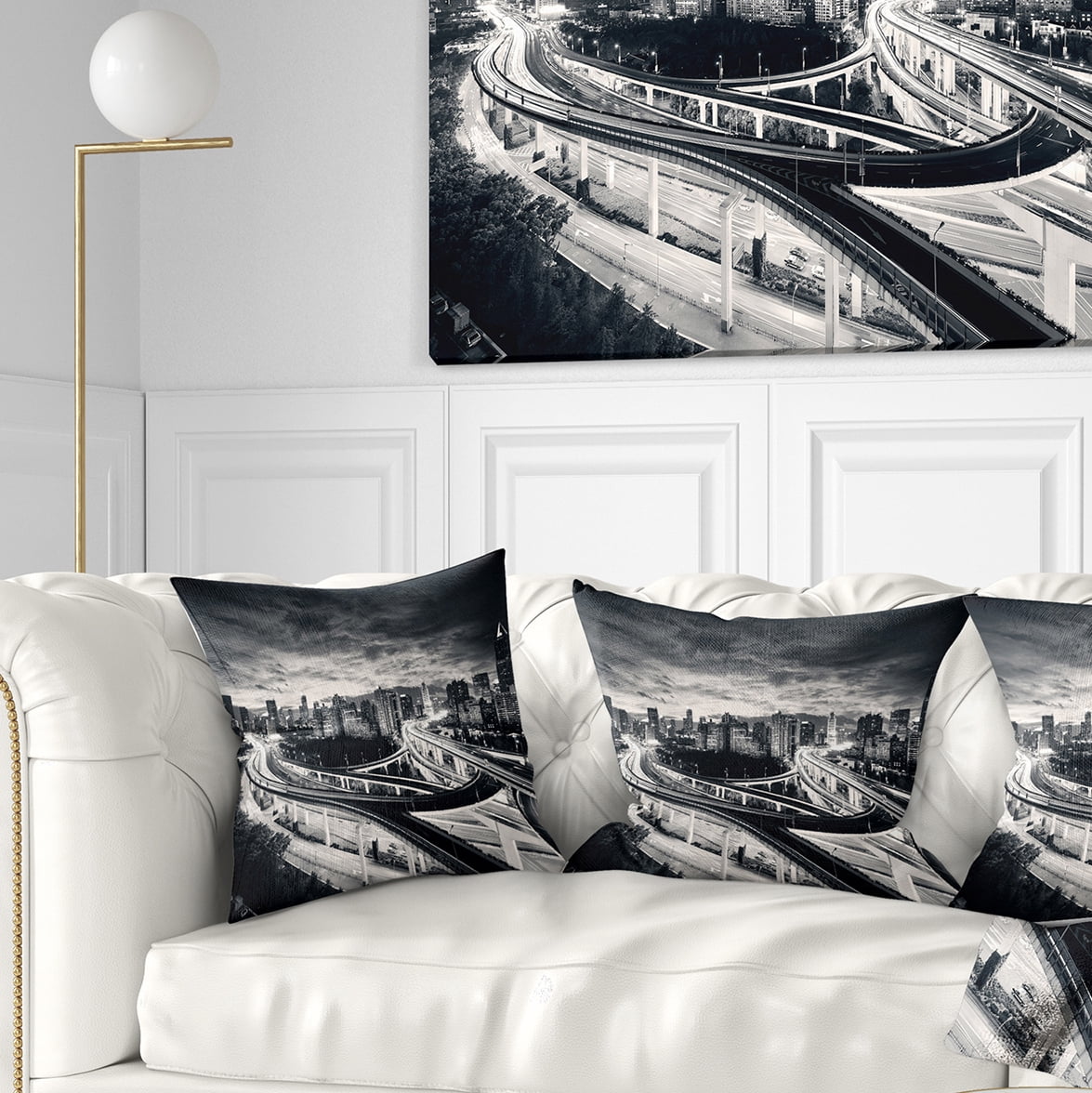 Designart Dark Shanghai City - Cityscape Photography Throw Pillow - 16x16