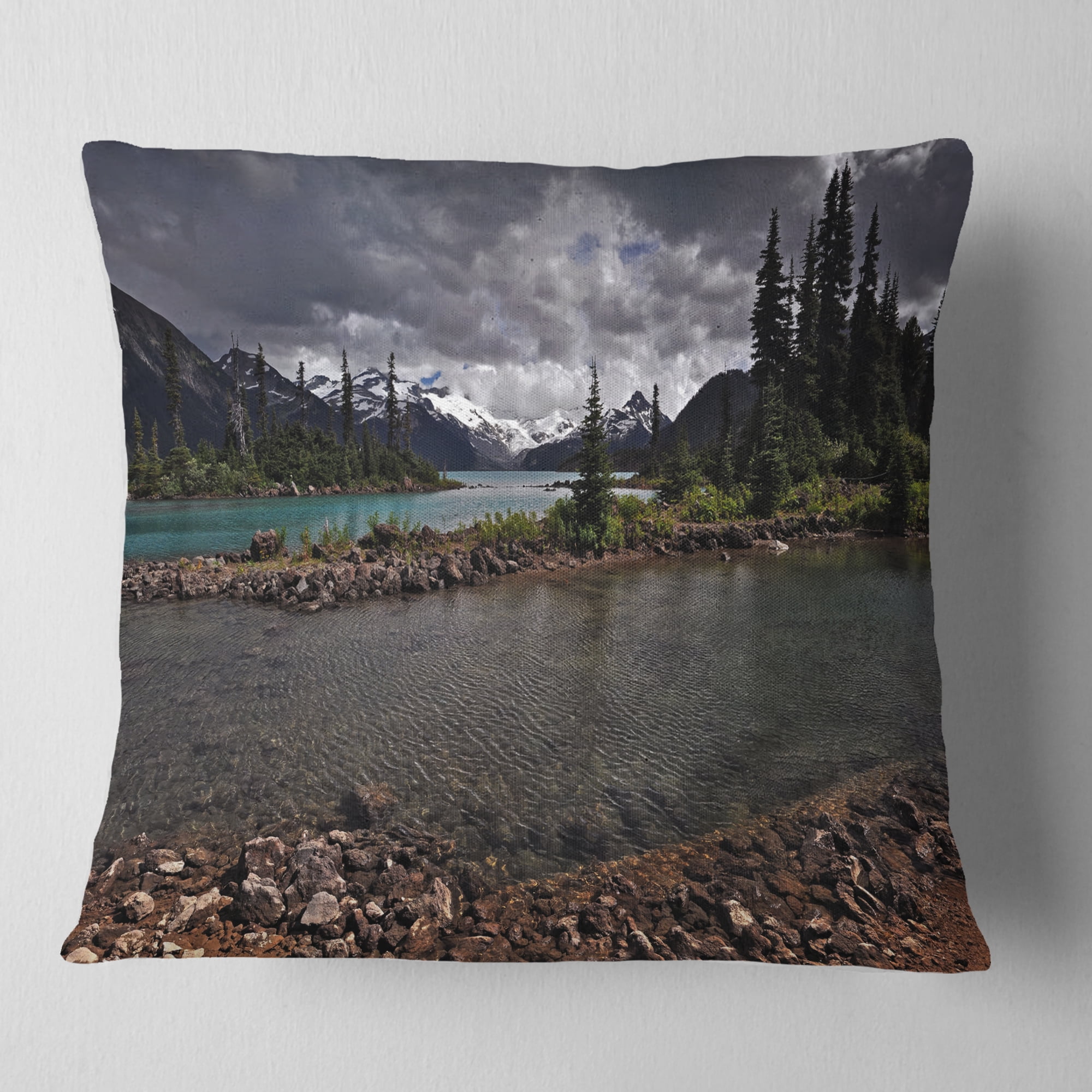 Designart Dark Sky over Crystal Clear Lake - Landscape Printed Throw Pillow - 16x16