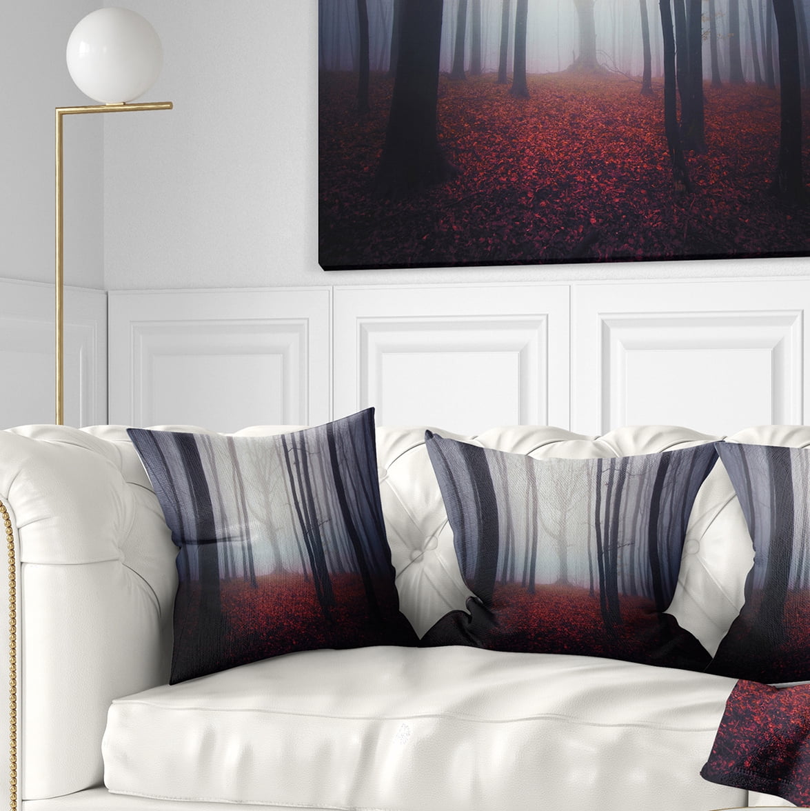 Designart Dark Spooky Misty Forest - Landscape Photo Throw Pillow - 18x18