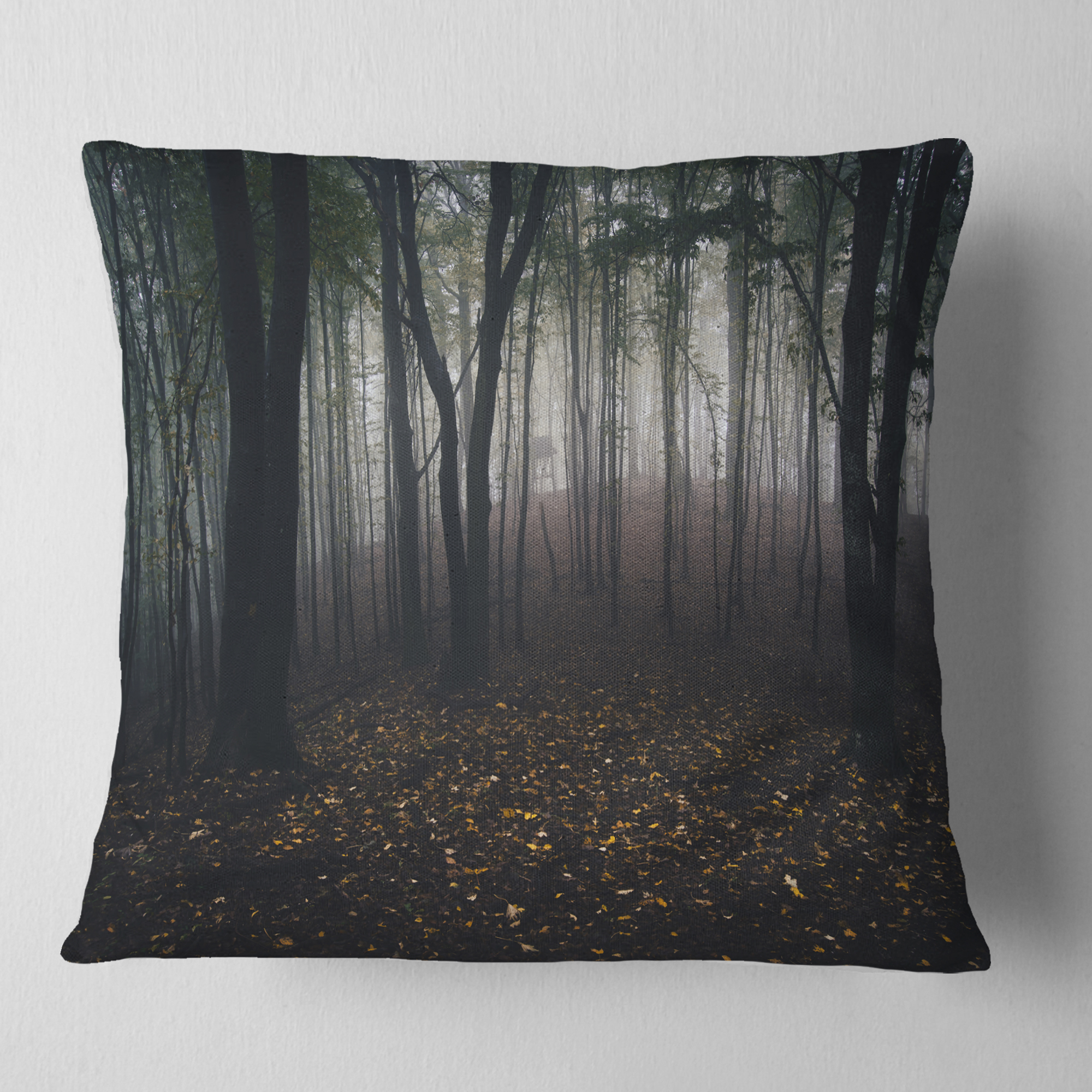 Designart Dark Spooky Misty Wild Forest - Oversized Forest Throw Pillow - 16x16