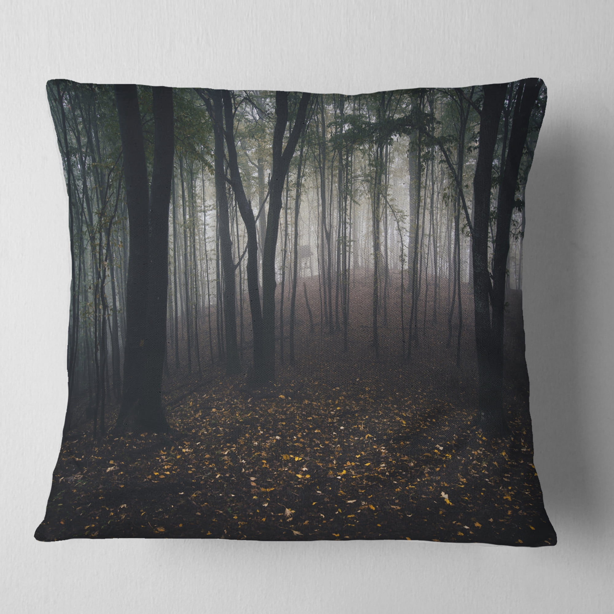 Designart Dark Spooky Misty Wild Forest - Oversized Forest Throw Pillow - 18x18
