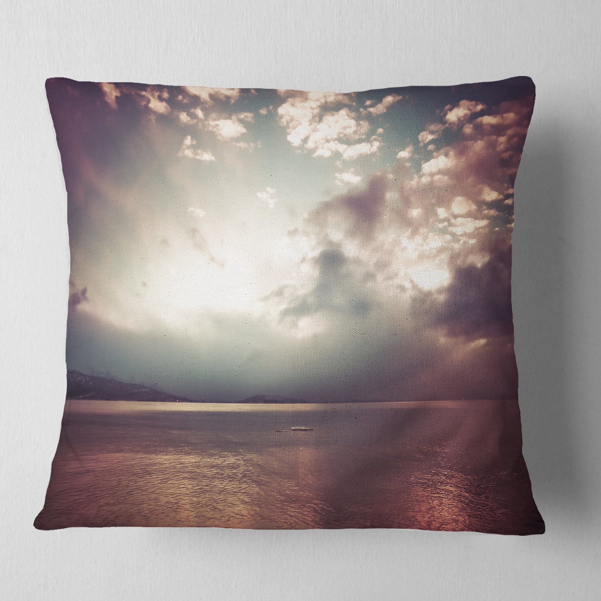 Designart Dark Sunset with Dramatic Sky - Seashore Throw Pillow - 16x16