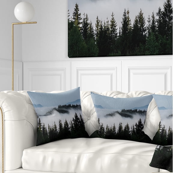 Designart Dark Trees and Fog Over Mountains - Landscape Printed Throw Pillow - 16x16