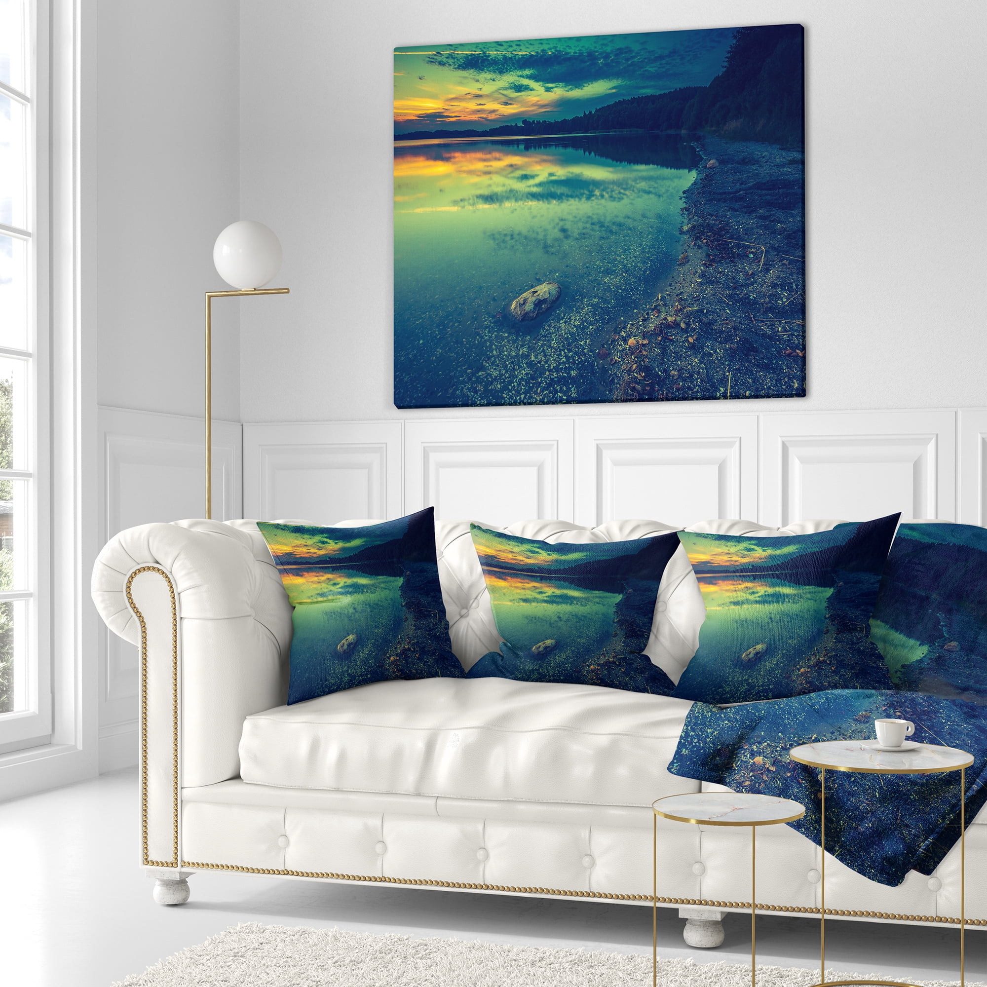 Designart Dark Vintage Lake at Sunset - Boat Throw Pillow - 16x16