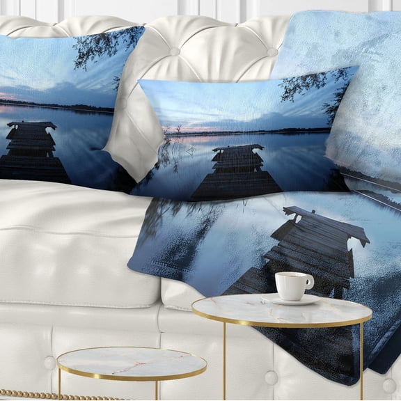 Designart Dark Wooden Pier in Lake - Seascape Throw Pillow - 12x20