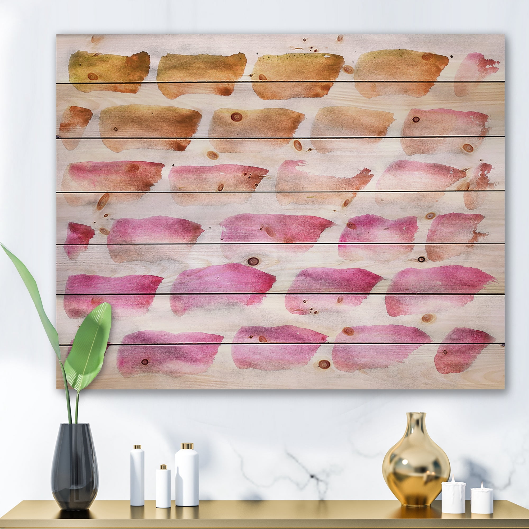 Designart 'Dark Yellow and Pink Abstracts Brushes' Modern Print on Natural Pine Wood
