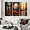 thumbnail image 1 of Designart "Darkness Christianity Crucifixion wall decor" Religion & Spirituality Wall Art Set Of 3 - Orange Christianity Gallery Wall Set For Home Decor, 1 of 7