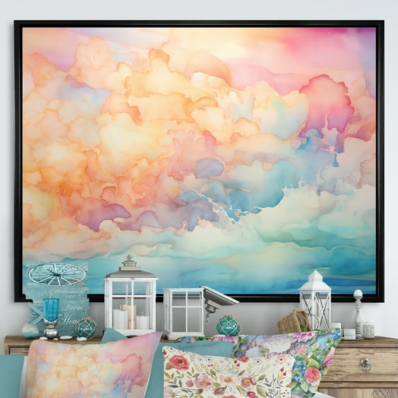 Designart "Dawn Clouds Alcohol Ink Horizon I" Clouds Floater Framed Wall Decor