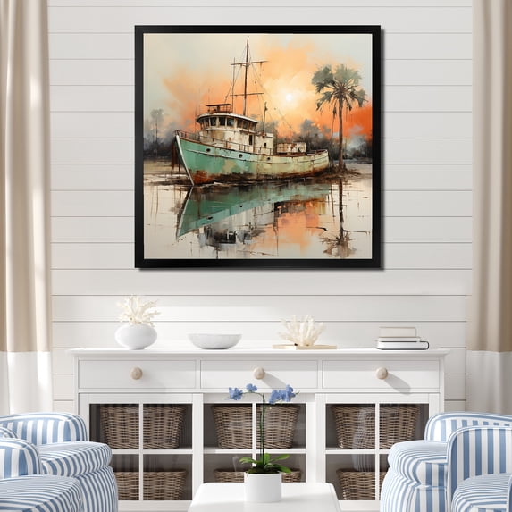 Designart "Dawn Fishing Boat at the Harbor" Coastal Framed Wall Art Decor - Coastal Yellow Coastal Boat Bedroom Framed Canvas Wall Art