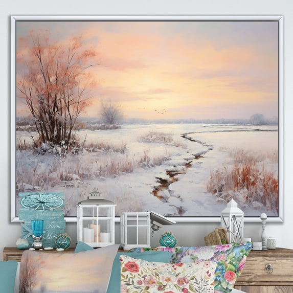 Designart "Dawn'S Reflection On Frozen Lake I" Snow Floater Framed Wall Art Prints