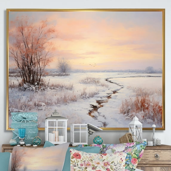 Designart "Dawn'S Reflection On Frozen Lake I" Snow Floater Framed Wall Art Prints