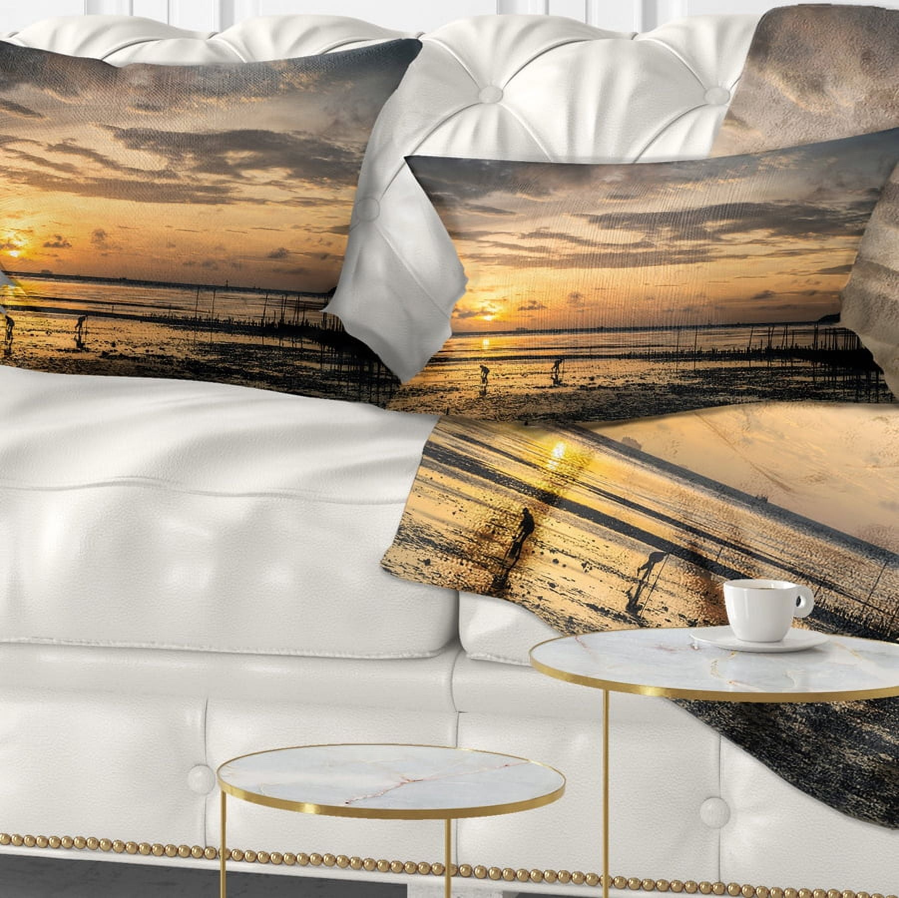 Designart Dawn at Seaside during Low Tide - Modern Seashore Throw Pillow - 12x20