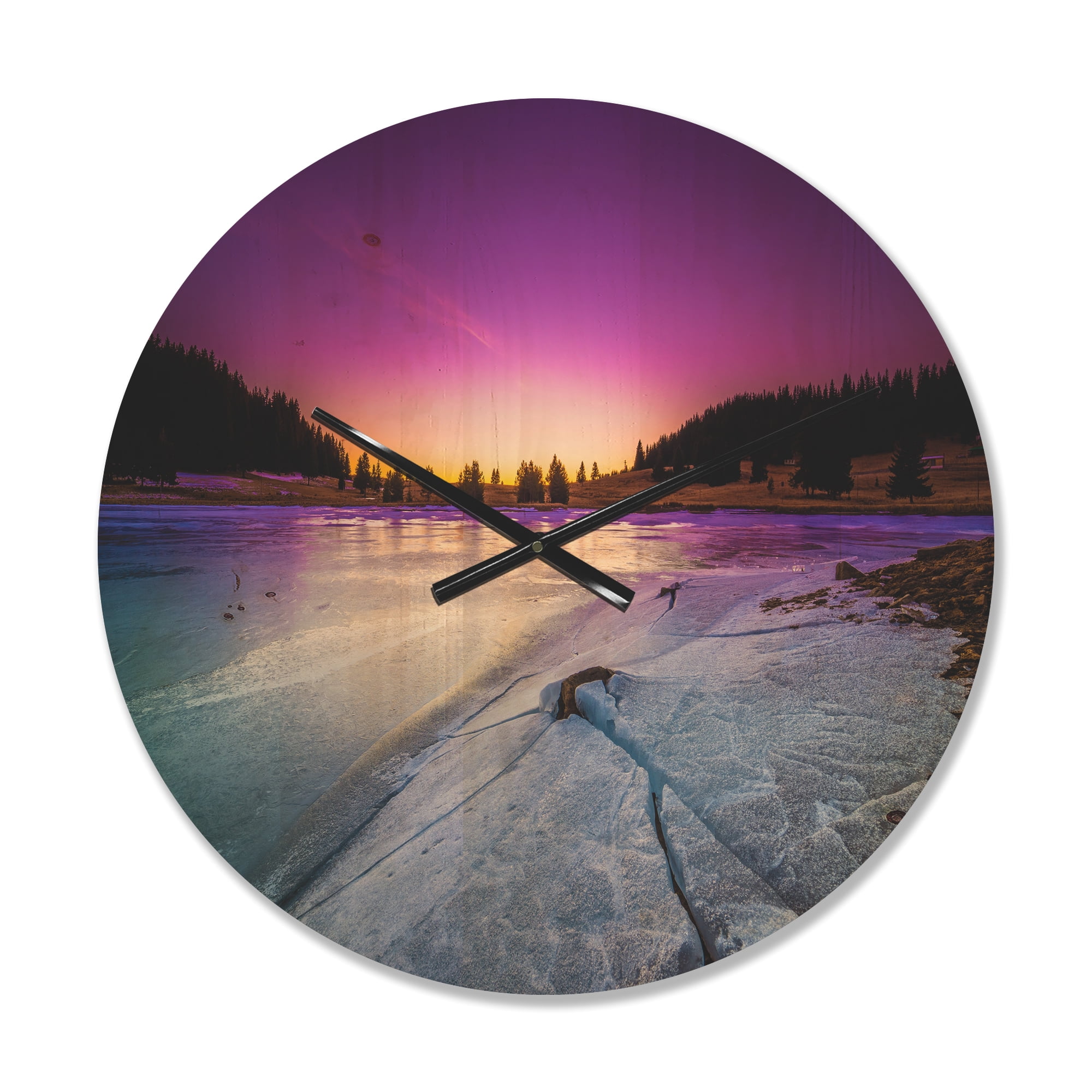Designart 'Dawn over Frozen Lake ' Modern Wood Wall Clock