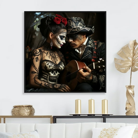 Designart "Day of the Dead Mexican Portrait with Roses II" Fashion Framed Wall Art - Glam Black Woman Mexican Entryway Framed Wall Art