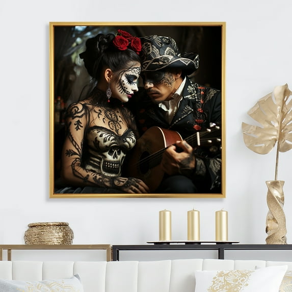 Designart "Day of the Dead Mexican Portrait with Roses II" Fashion Framed Wall Art - Glam Black Woman Mexican Entryway Framed Wall Art