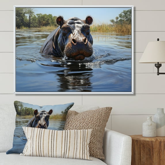 Designart "Daydreams on the Riverbank Grey Hippos II" Animals Framed Wall Art - Modern Grey Hippopotamus Hallway Framed Wall Art Decor