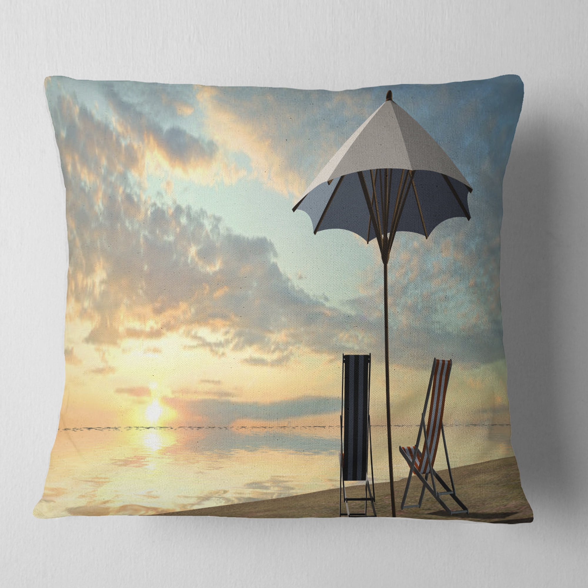 Designart Deck Chairs and Umbrella on Beach - Modern Seascape Throw Pillow - 16x16
