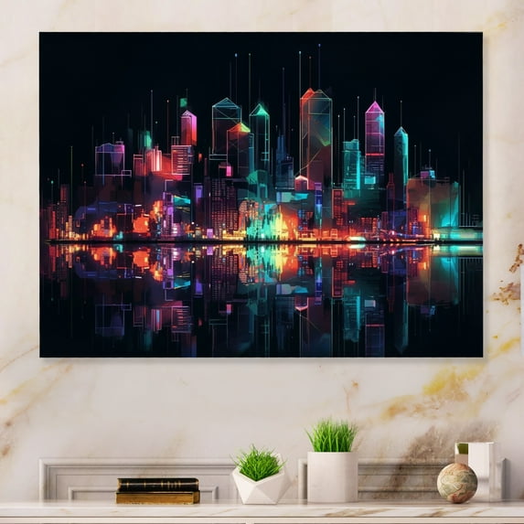 Designart "Deco Horizons Pink And Green II" City Art Deco Metal Wall Art